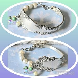 Spoon bracelet sterling plated pearls turquoise crystal